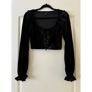 SHEIN MOD Lace Up Front Flounce Sleeve Velvet Crop Top